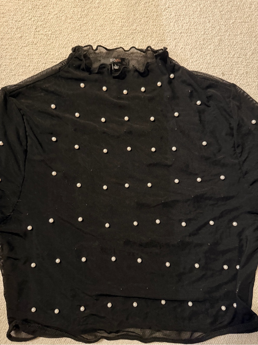 Black Pearl-Embellished Mock Neck Long Sleeve Top